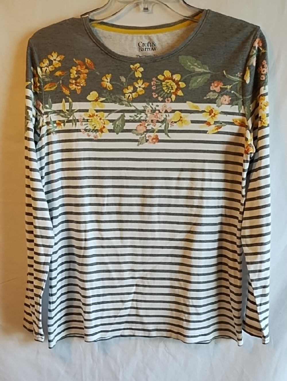 croft & barrow Gray Striped Top with Yellow Floral Yoke